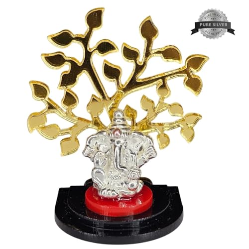 Pure Silver Ganesh Idol for Car Dashboard with Golden Tree