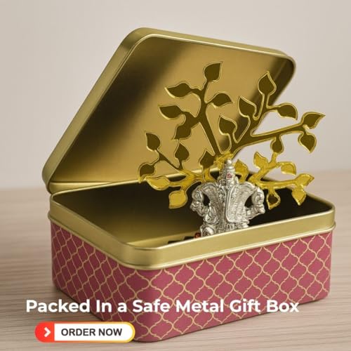Pure Silver Ganesh Idol for Car Dashboard with Golden Tree — view 3