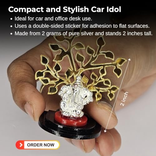 Pure Silver Ganesh Idol for Car Dashboard with Golden Tree — view 4