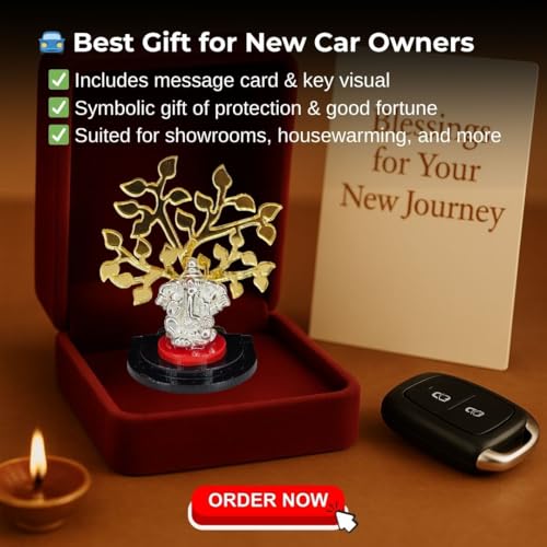 Pure Silver Ganesh Idol for Car Dashboard with Golden Tree — view 5