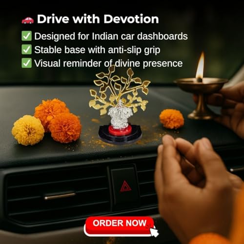 Pure Silver Ganesh Idol for Car Dashboard with Golden Tree — view 6