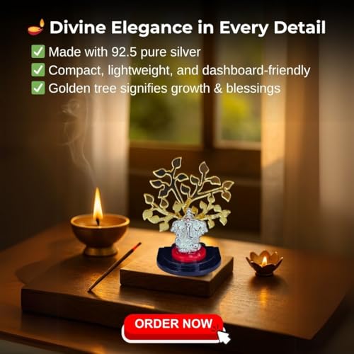 Pure Silver Ganesh Idol for Car Dashboard with Golden Tree — view 7