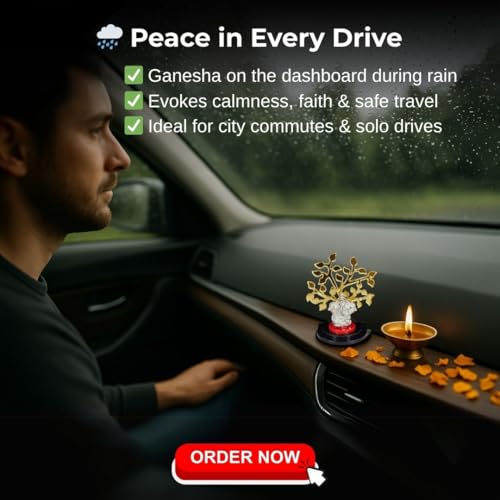 Pure Silver Ganesh Idol for Car Dashboard with Golden Tree