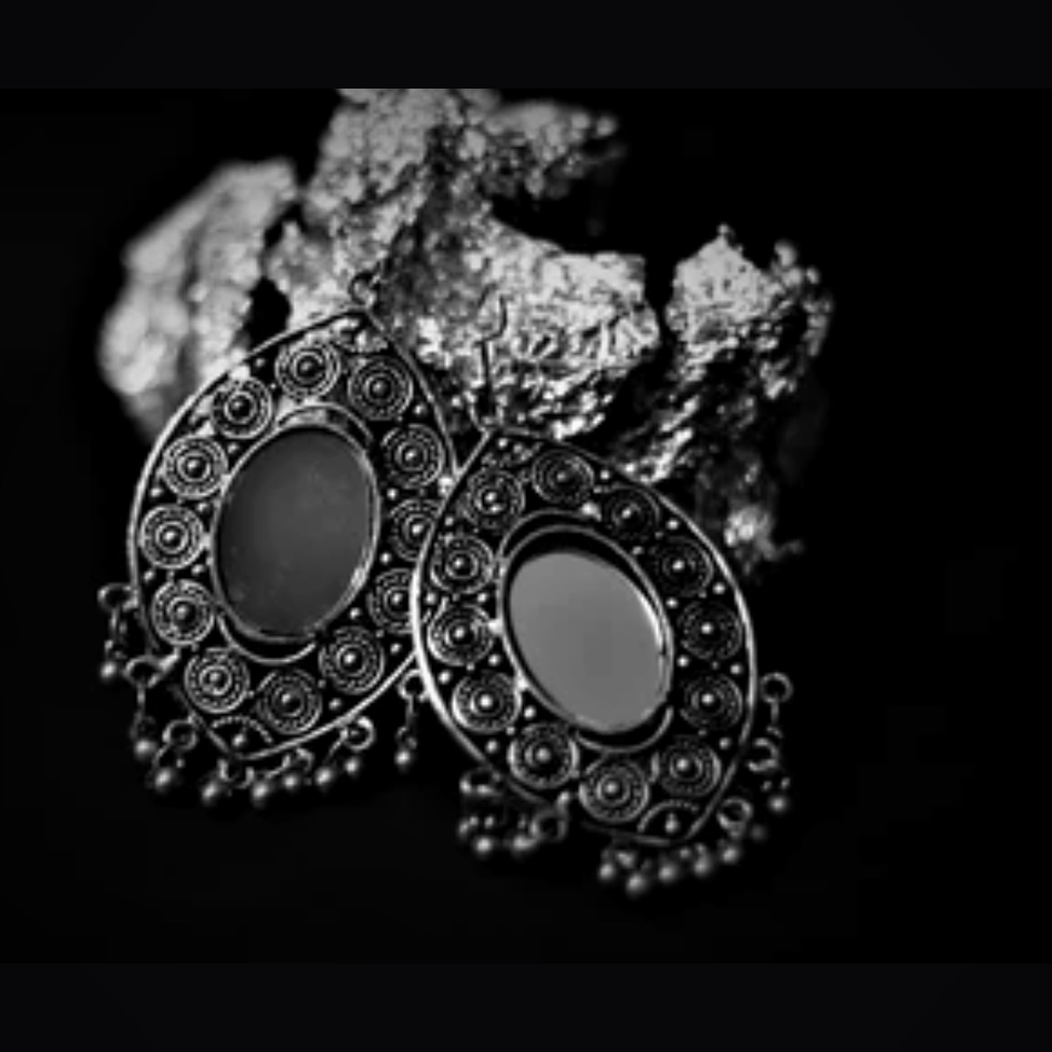 925 Silver Oxidised Statement Jhumka — Black Onyx Centre with Ghungroo Fringe — view 1