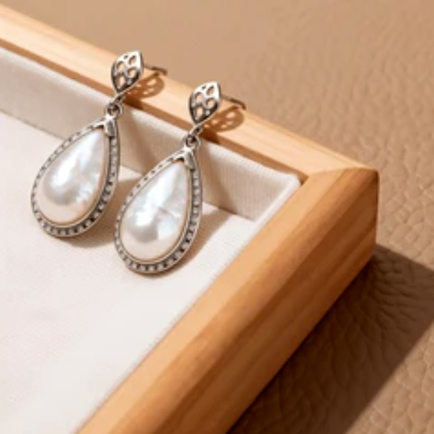 925 Sterling Silver Pearl Drop Earrings — Mother-of-Pearl Teardrop with CZ Halo — view 2