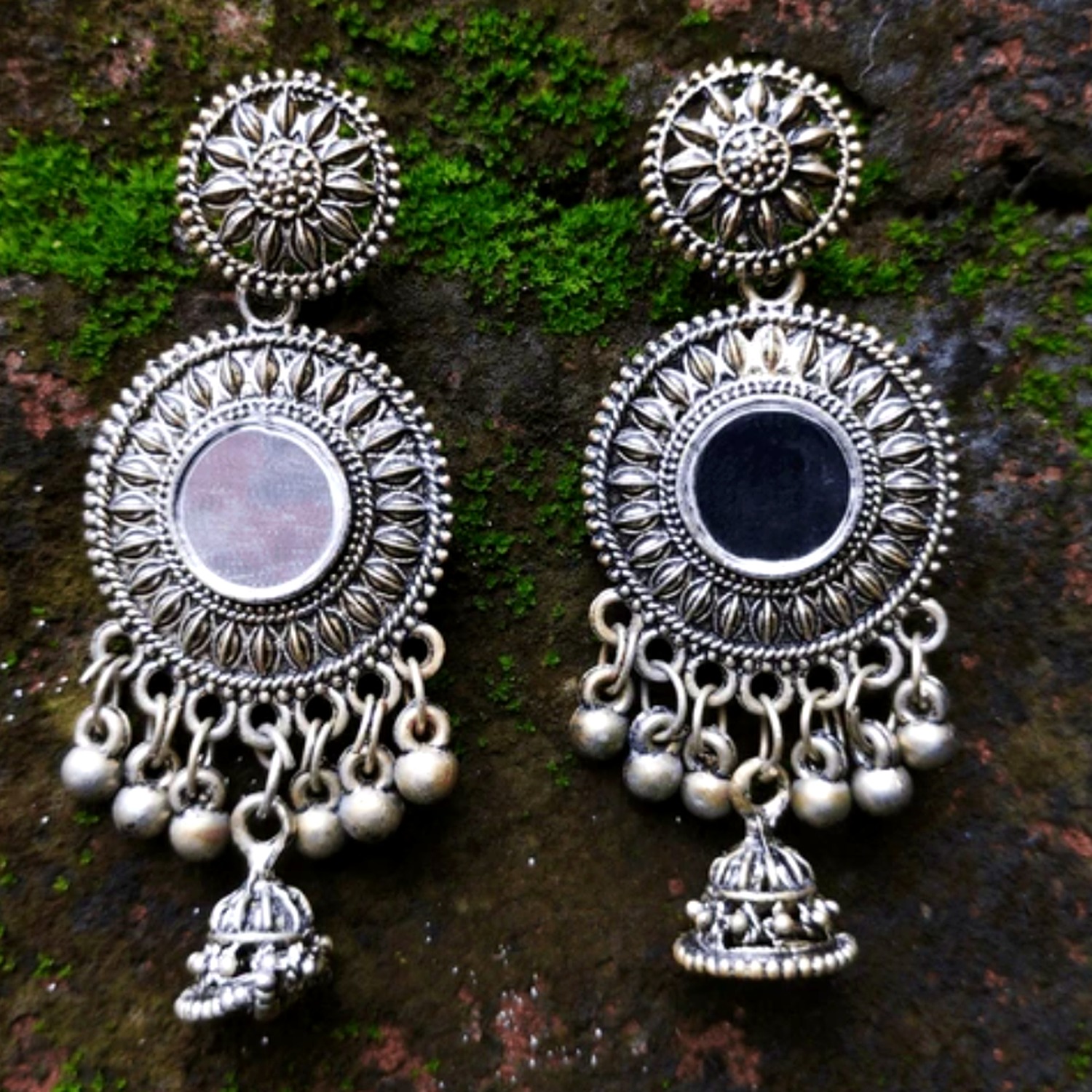 925 Silver Chandbali Earrings — Oxidised Mirror Centre with Bead Fringe — view 2