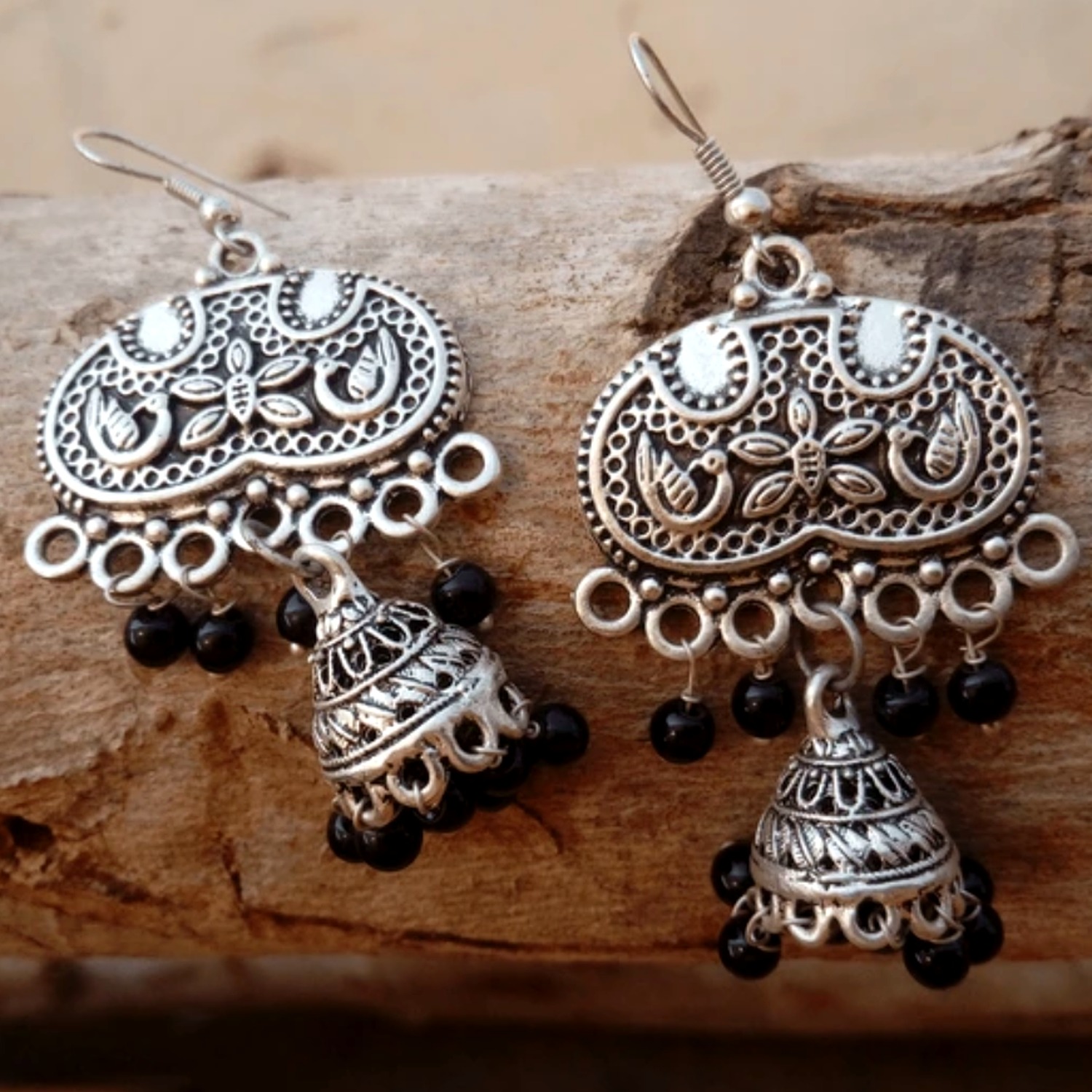 925 Silver Oxidised Temple Jhumka Earrings — Om Motif with Black Bead Drops — view 2