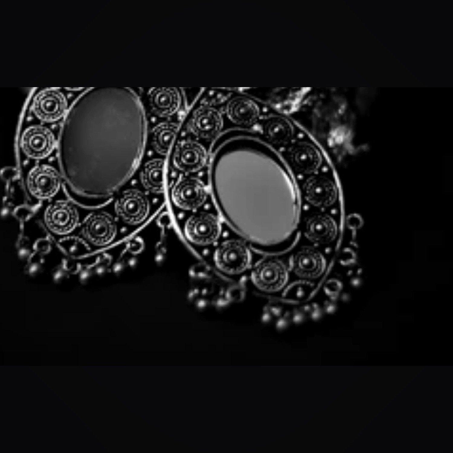 925 Silver Oxidised Statement Jhumka — Black Onyx Centre with Ghungroo Fringe — view 2
