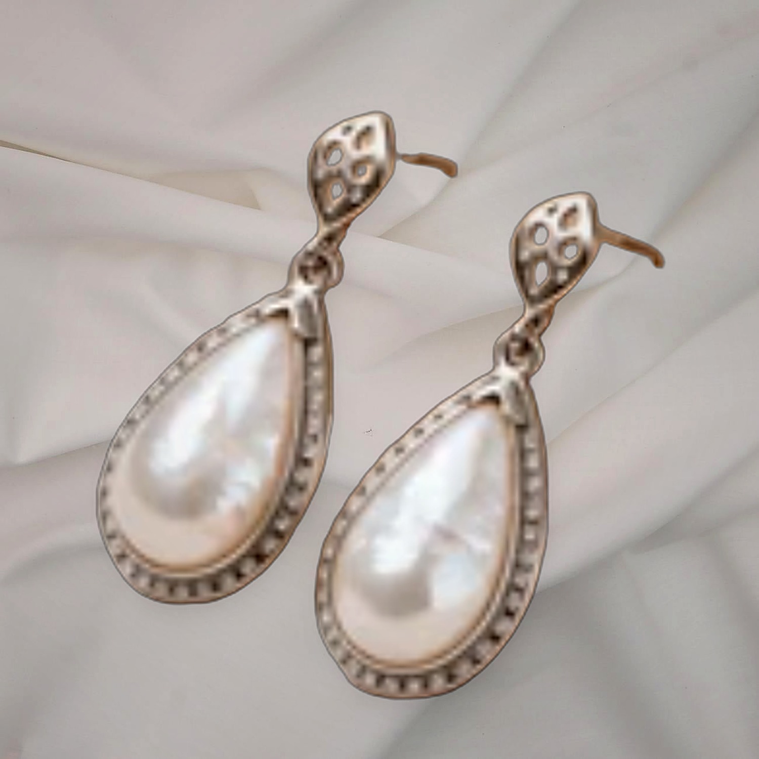 925 Sterling Silver Pearl Drop Earrings — Mother-of-Pearl Teardrop with CZ Halo — view 3