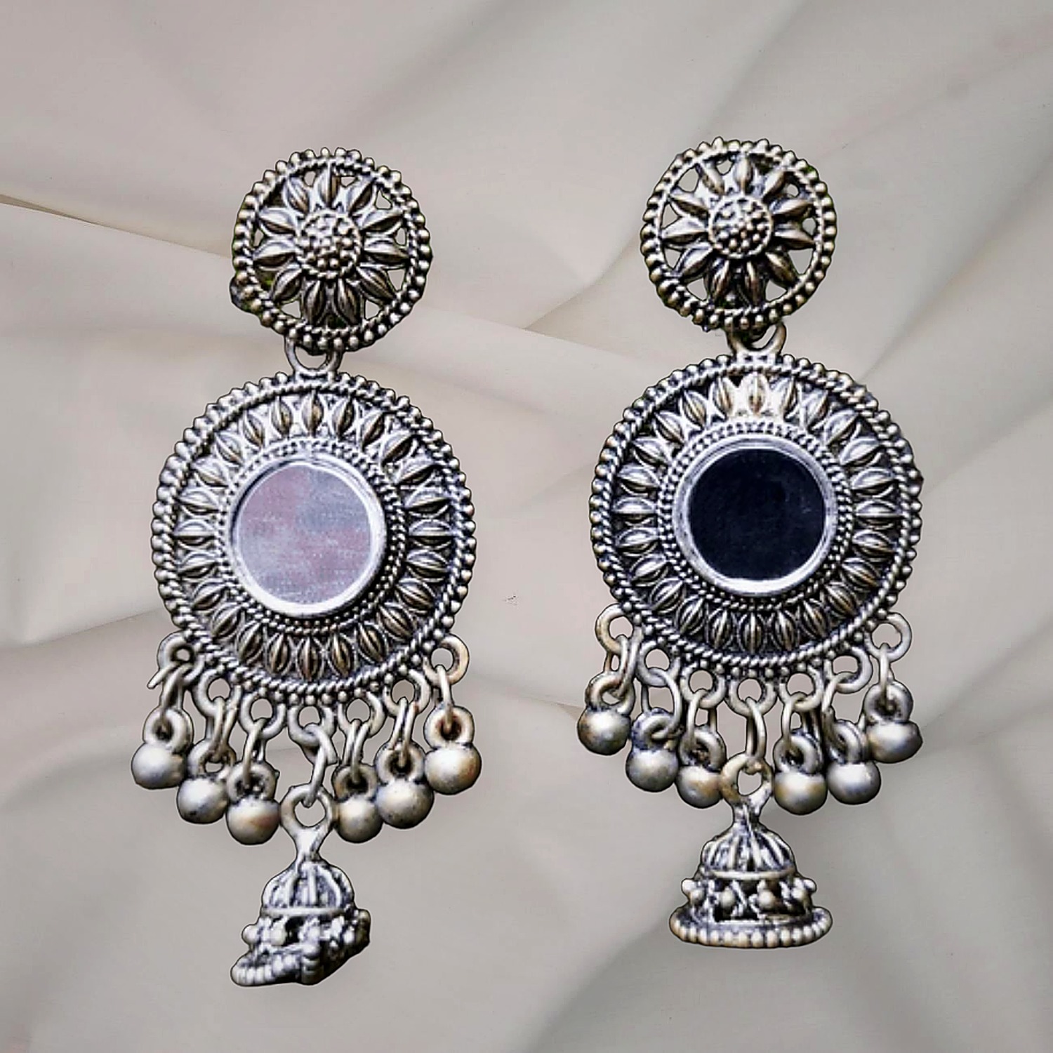 925 Silver Chandbali Earrings — Oxidised Mirror Centre with Bead Fringe — view 3
