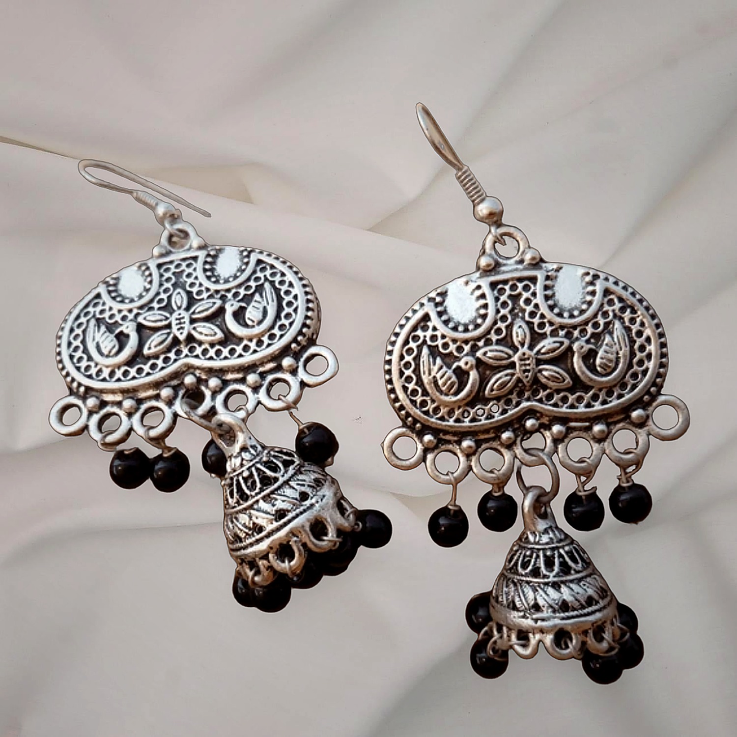 925 Silver Oxidised Temple Jhumka Earrings — Om Motif with Black Bead Drops — view 3