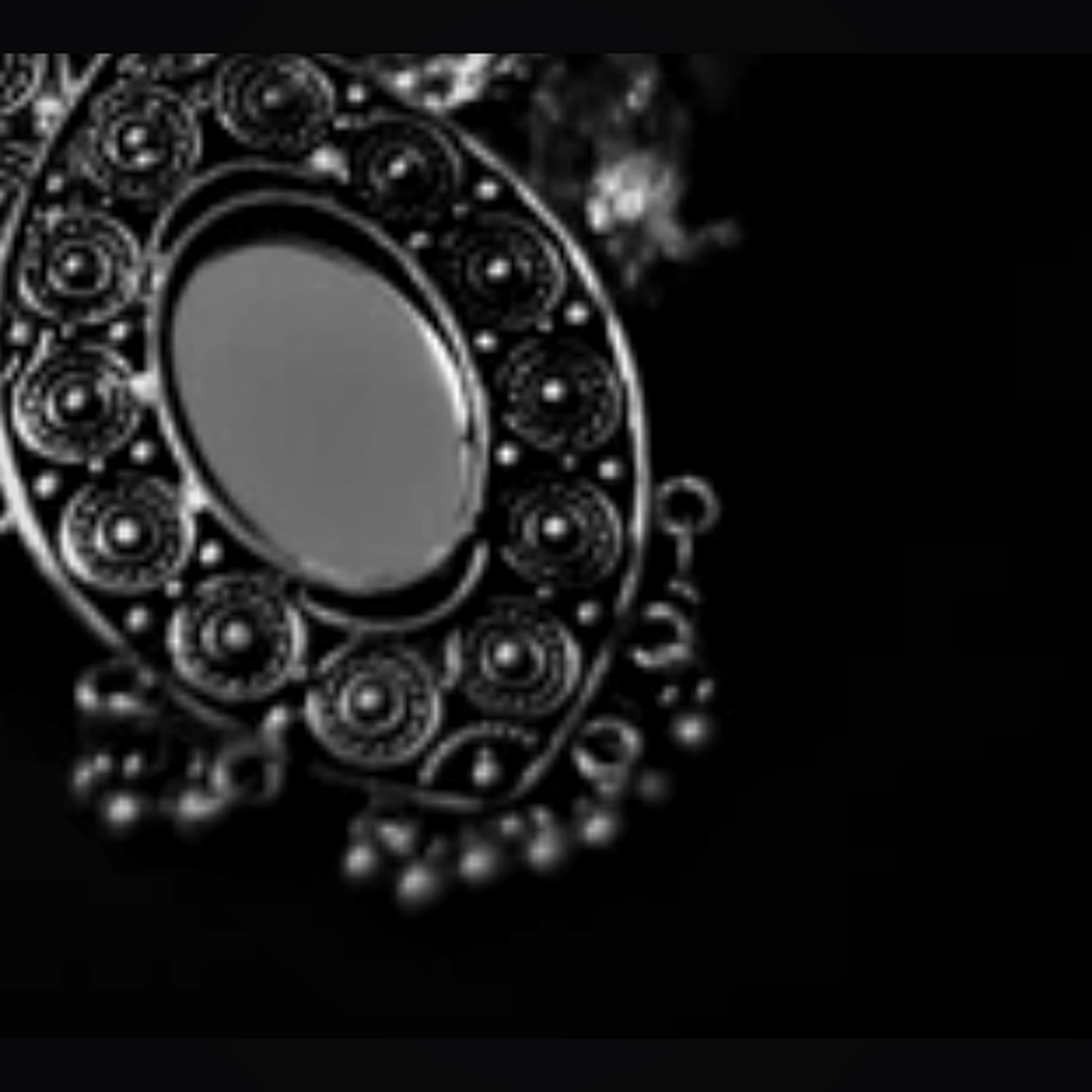 925 Silver Oxidised Statement Jhumka — Black Onyx Centre with Ghungroo Fringe — view 3