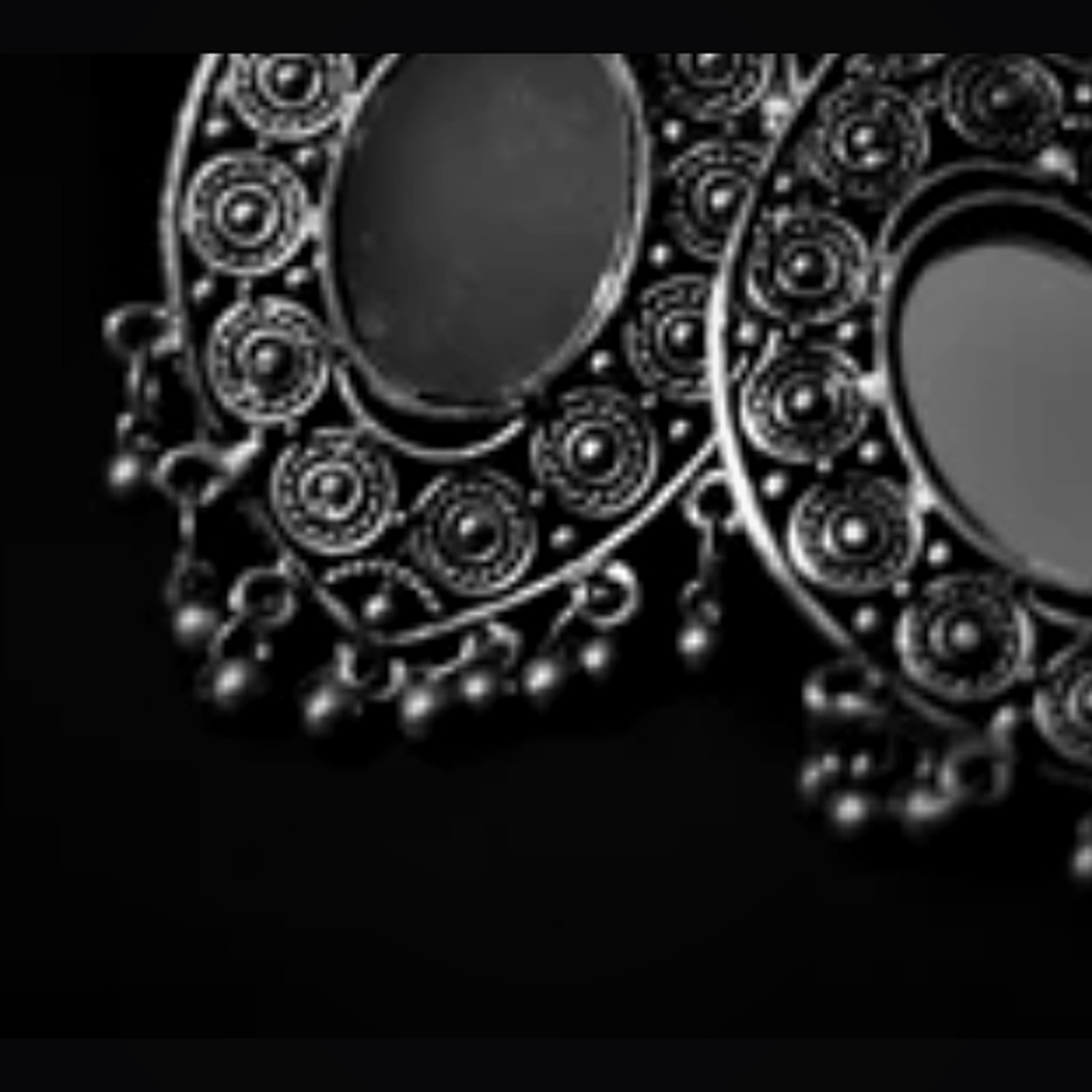 925 Silver Oxidised Statement Jhumka — Black Onyx Centre with Ghungroo Fringe — view 4