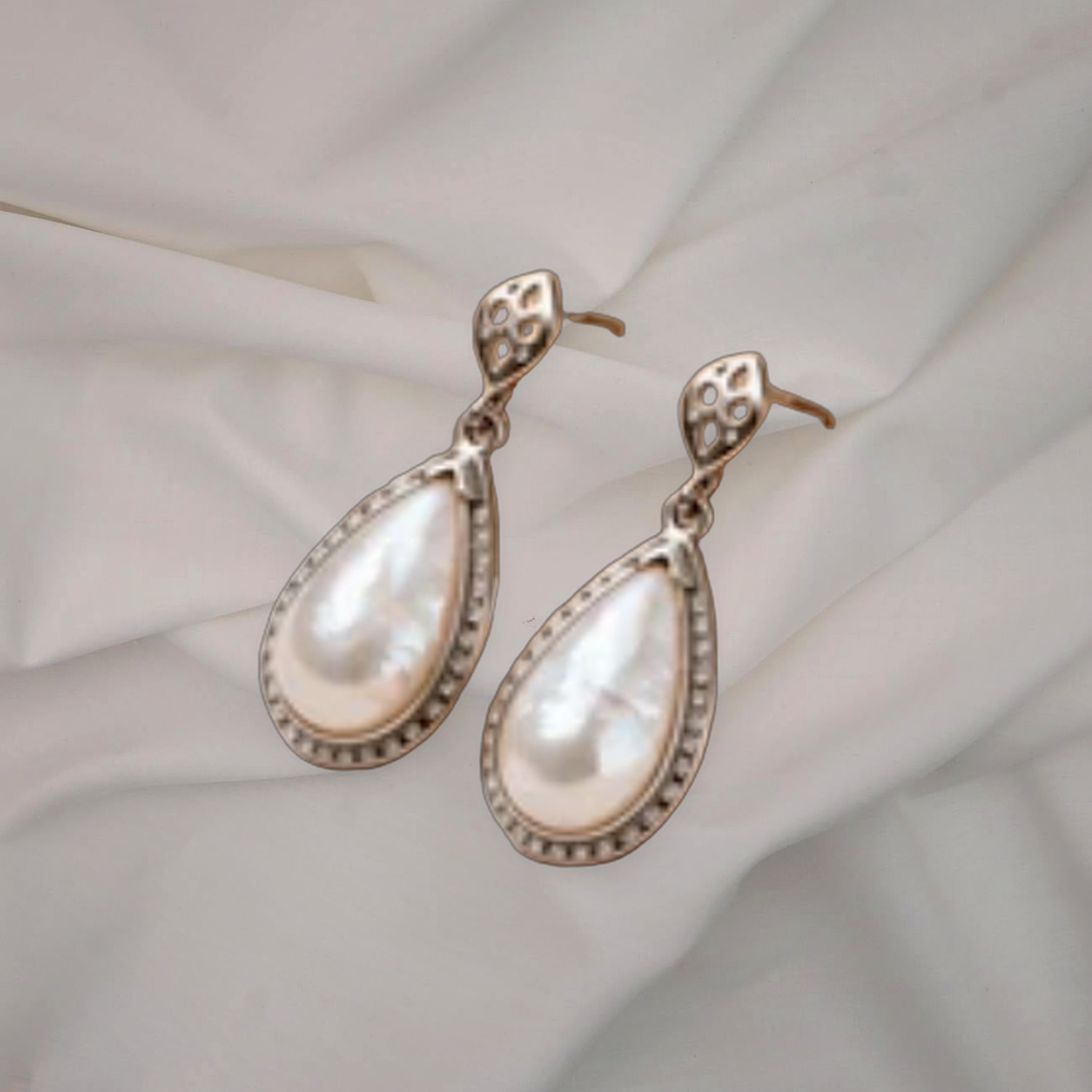 925 Sterling Silver Pearl Drop Earrings — Mother-of-Pearl Teardrop with CZ Halo — view 4
