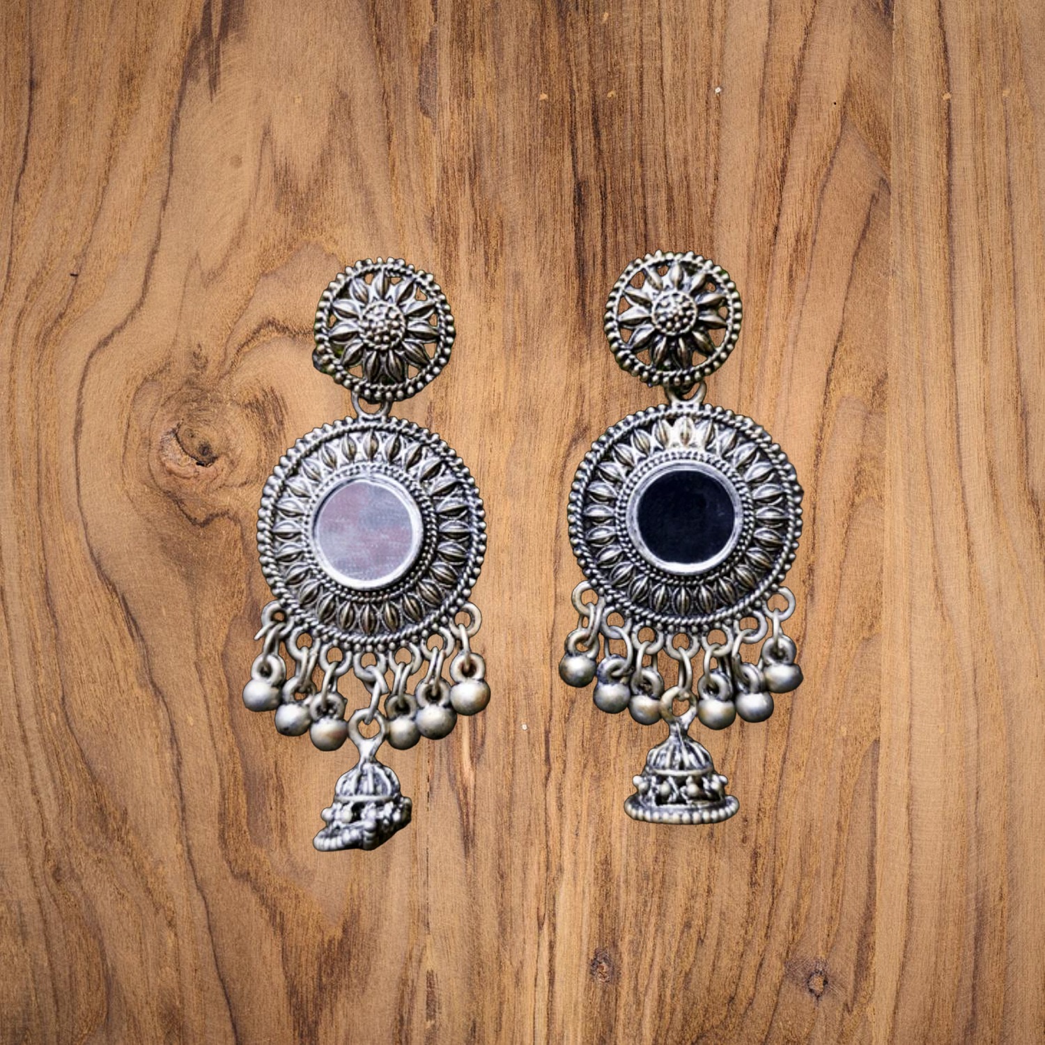 925 Silver Chandbali Earrings — Oxidised Mirror Centre with Bead Fringe — view 4
