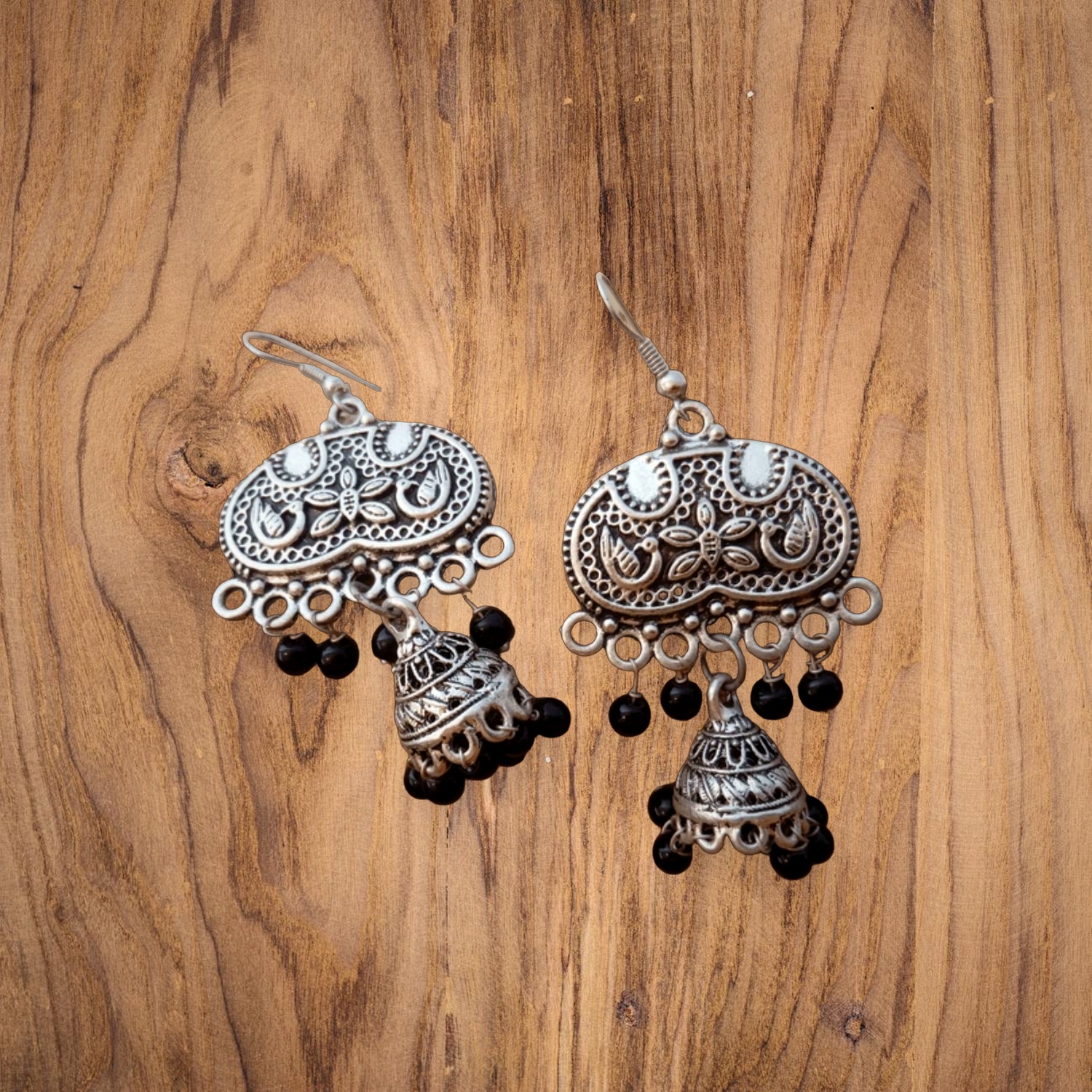925 Silver Oxidised Temple Jhumka Earrings — Om Motif with Black Bead Drops — view 4