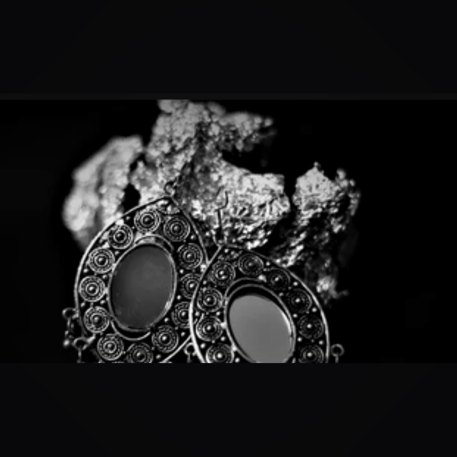 925 Silver Oxidised Statement Jhumka — Black Onyx Centre with Ghungroo Fringe — view 5
