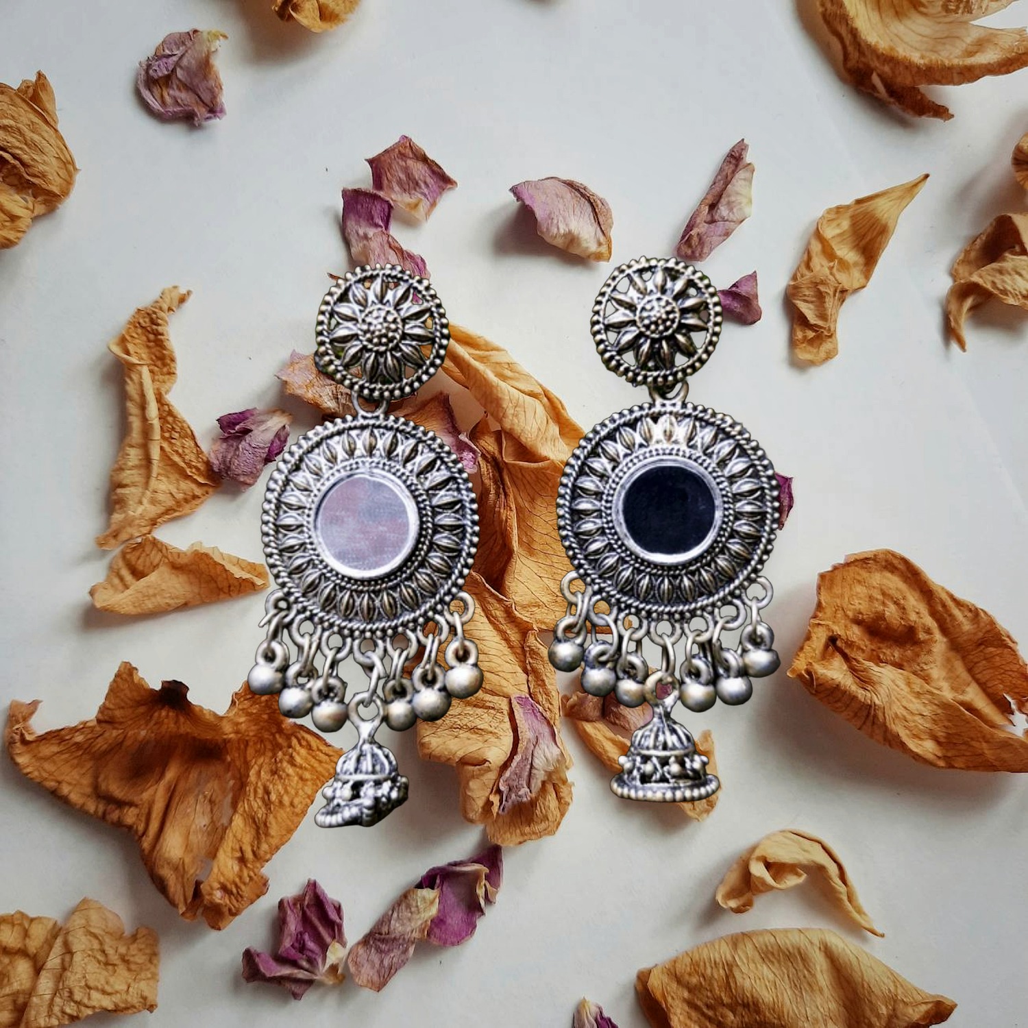925 Silver Chandbali Earrings — Oxidised Mirror Centre with Bead Fringe — view 5