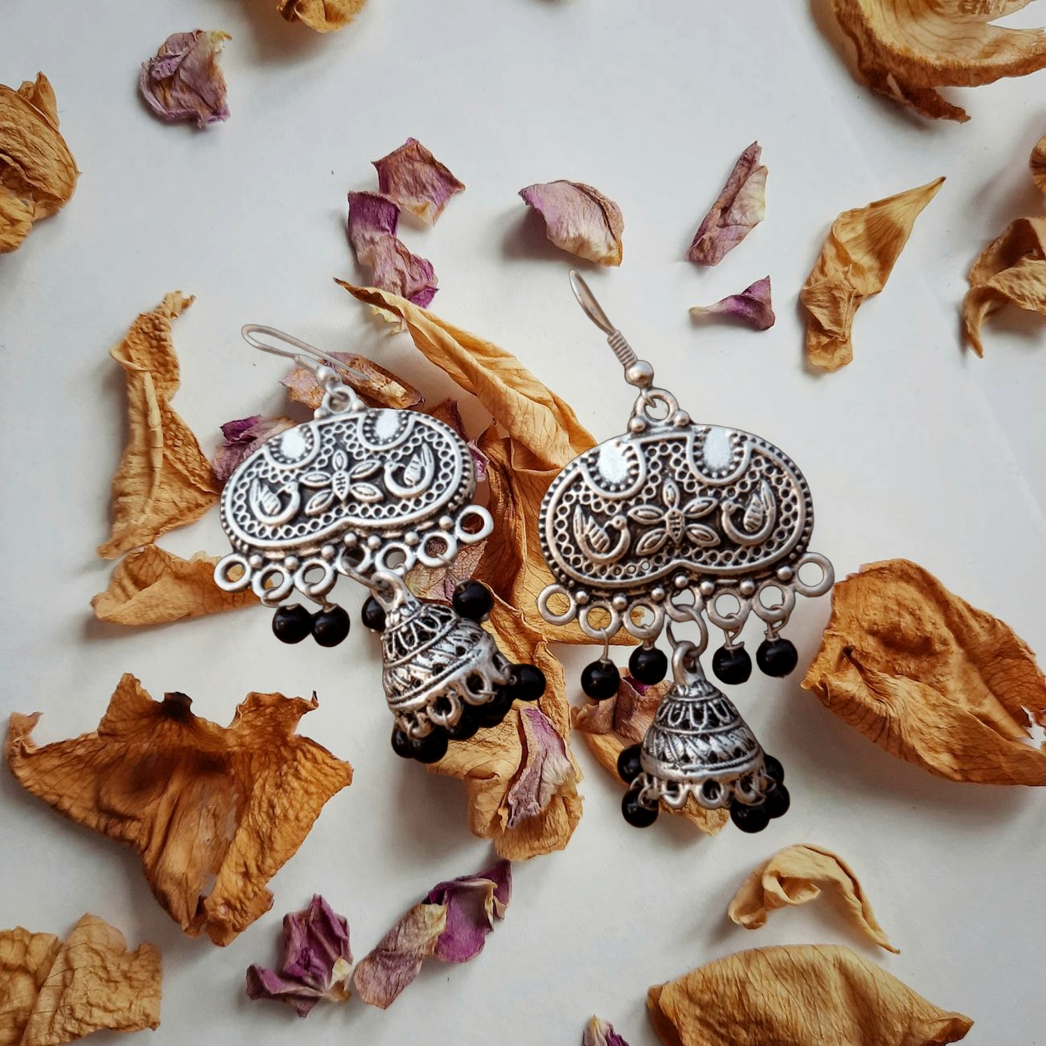 925 Silver Oxidised Temple Jhumka Earrings — Om Motif with Black Bead Drops — view 5