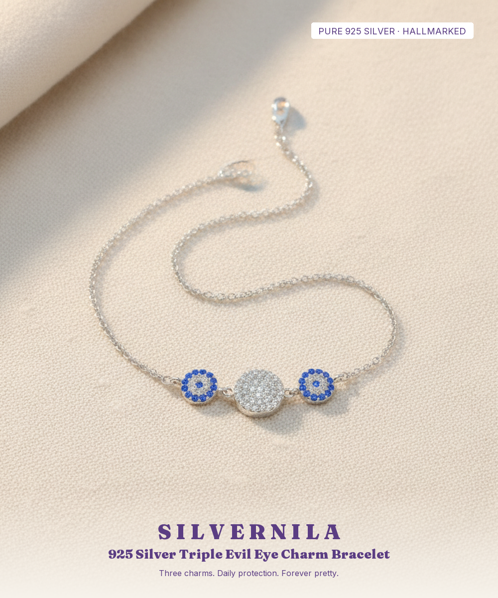 925 Silver Triple Evil Eye Charm Bracelet — Pavé CZ Daily Wear — view 1