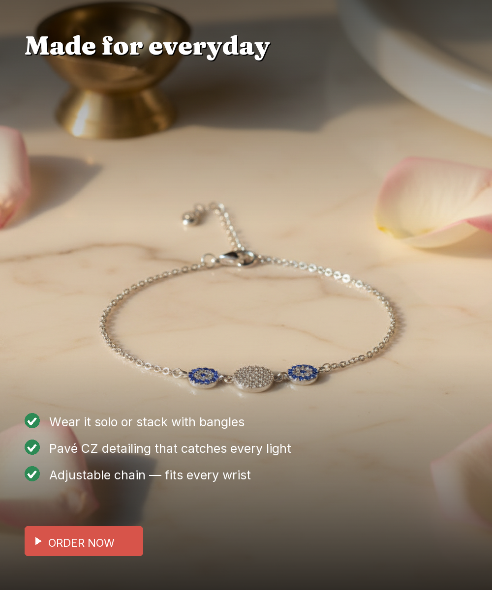 925 Silver Triple Evil Eye Charm Bracelet — Pavé CZ Daily Wear — view 3