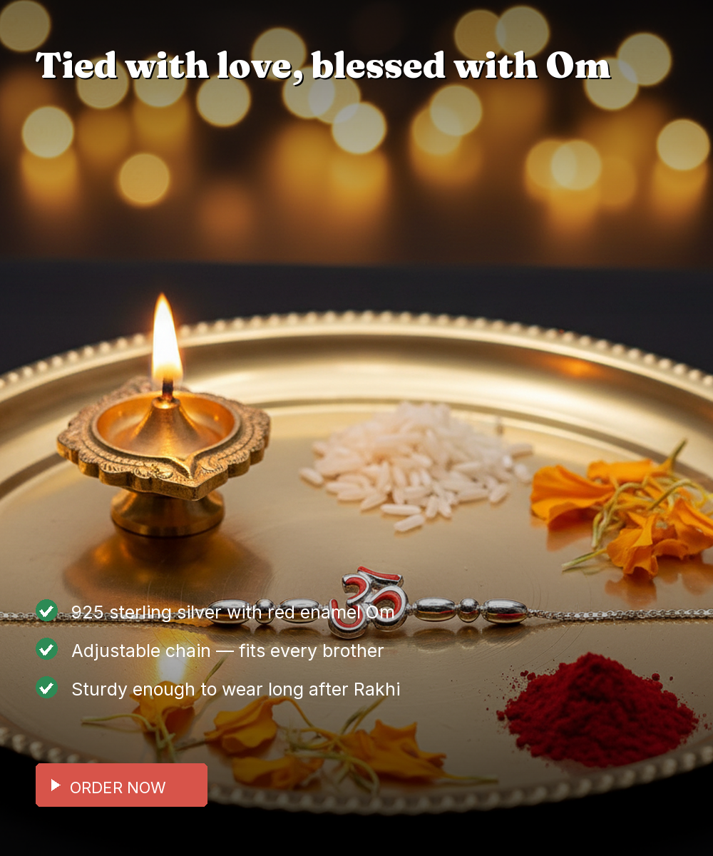 925 Silver Om Rakhi for Brother — Chain Style with Red Enamel — view 3