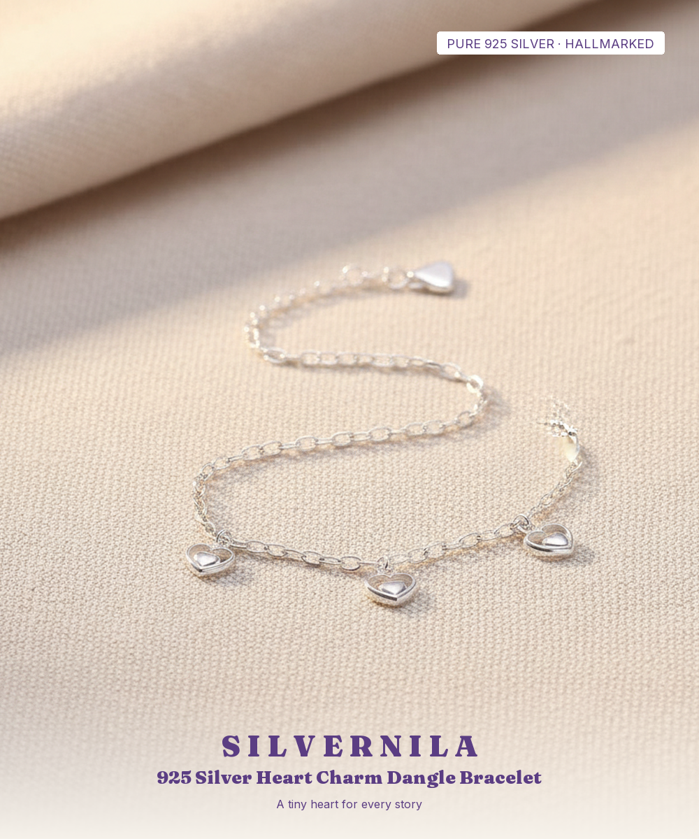 925 Silver Heart Charm Dangle Bracelet — Three Hearts, Daily Wear — view 1