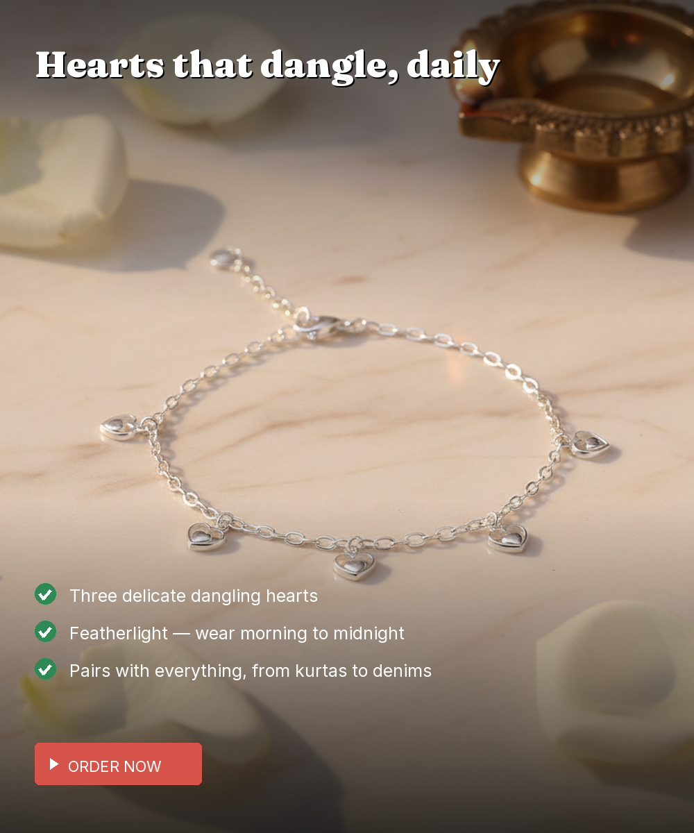 925 Silver Heart Charm Dangle Bracelet — Three Hearts, Daily Wear — view 3