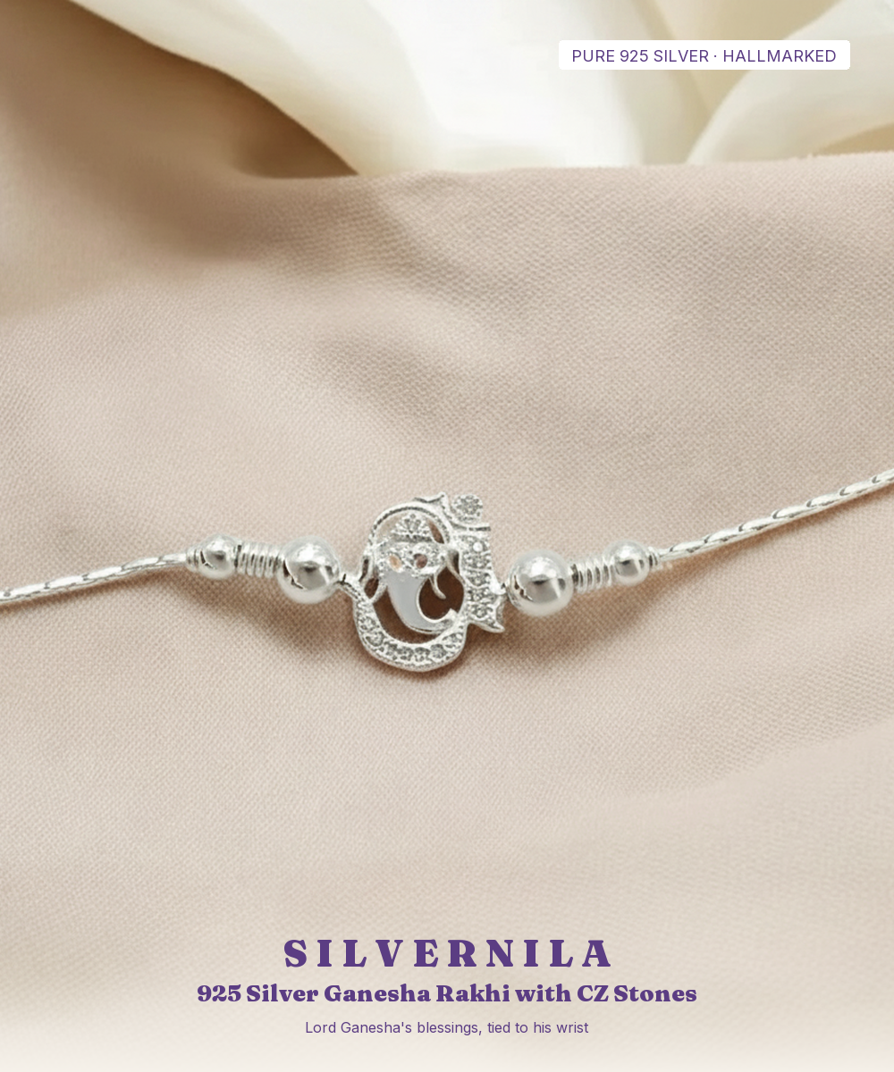 925 Silver Ganesha Rakhi with CZ Stones — Chain Style — view 1