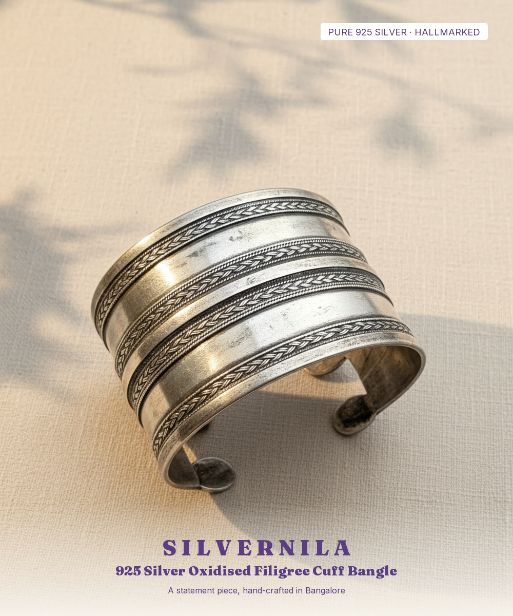 925 Silver Oxidised Filigree Cuff Bangle — Bold Hand-Finished Wide Band — view 1