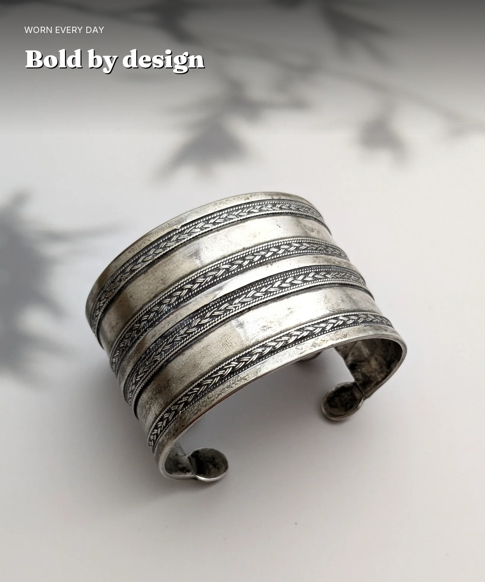 925 Silver Oxidised Filigree Cuff Bangle — Bold Hand-Finished Wide Band — view 2