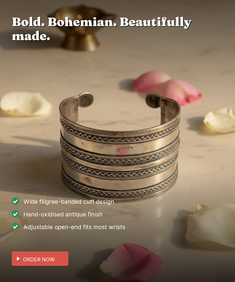 925 Silver Oxidised Filigree Cuff Bangle — Bold Hand-Finished Wide Band — view 3