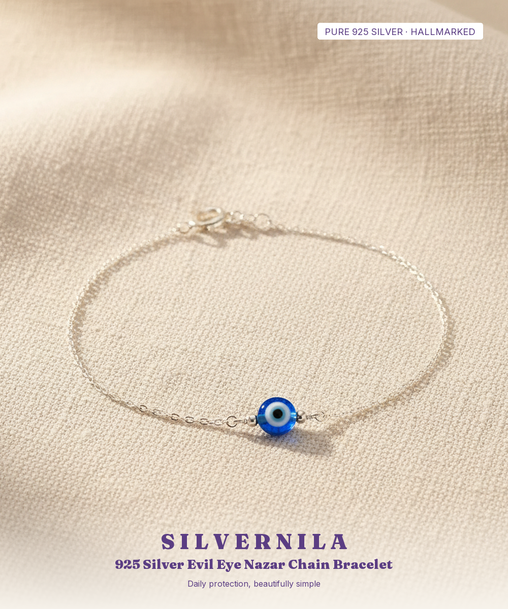 925 Silver Evil Eye Nazar Chain Bracelet — Single Blue Charm — view 1