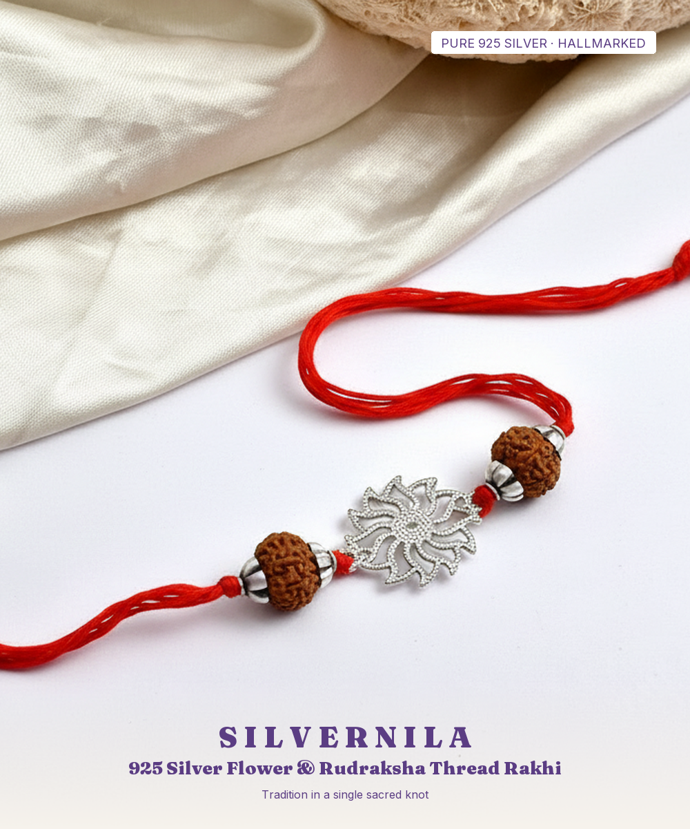 925 Silver Flower & 5-Mukhi Rudraksha Thread Rakhi — view 1