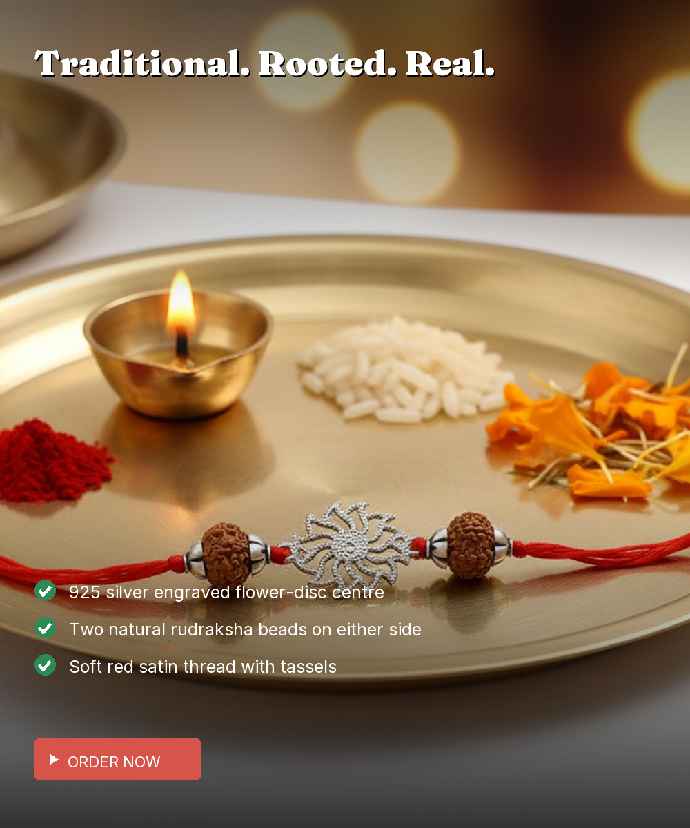 925 Silver Flower & 5-Mukhi Rudraksha Thread Rakhi — view 3