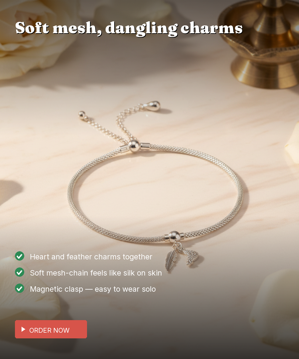 925 Silver Heart & Feather Charm Mesh Bracelet — Magnetic Clasp — view 3