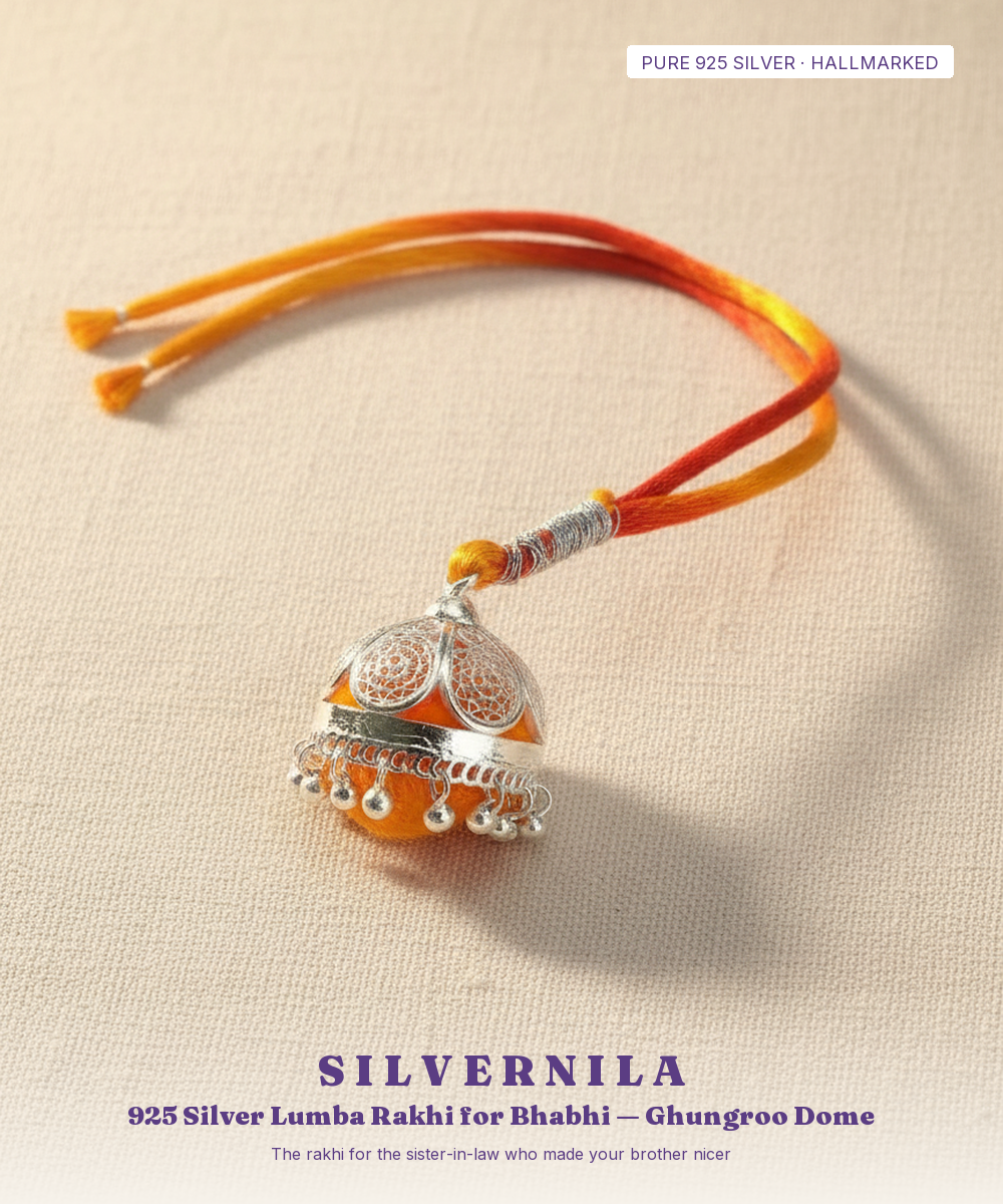 925 Silver Lumba Rakhi for Bhabhi — Ghungroo Dome — view 1