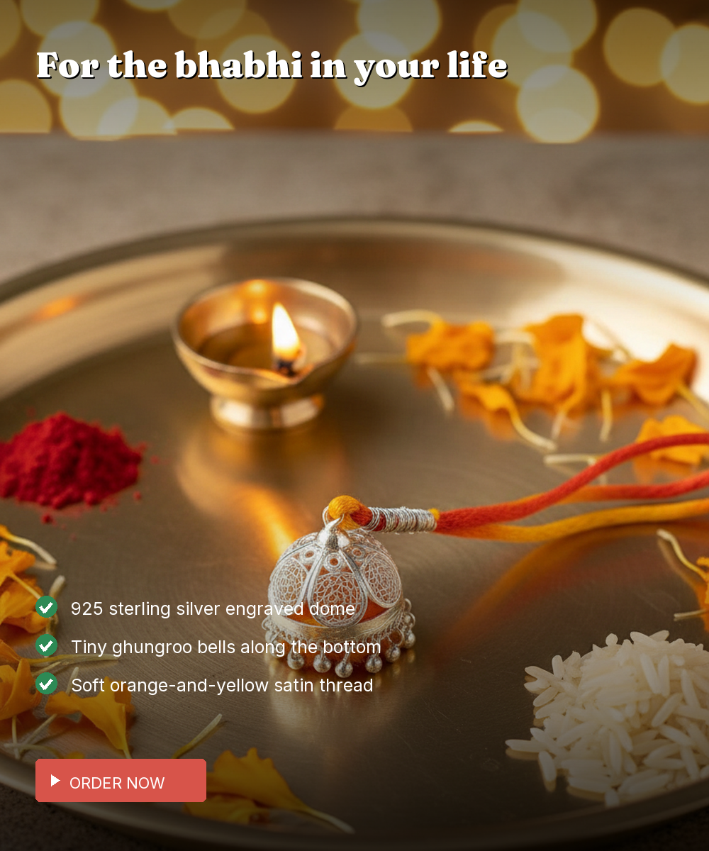 925 Silver Lumba Rakhi for Bhabhi — Ghungroo Dome — view 3